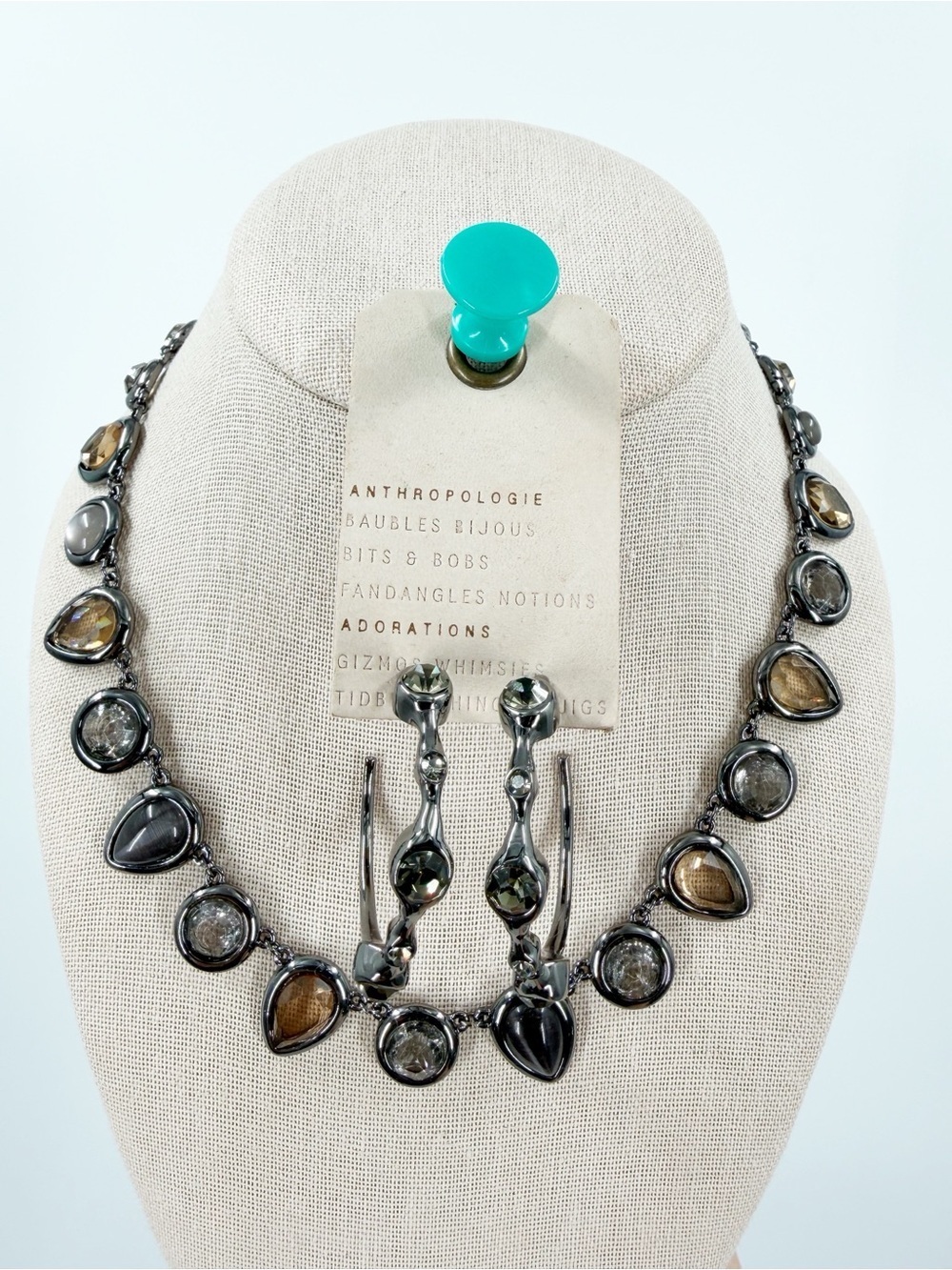 Anthropologie Gunmetal Black Crystal Necklace Earring Set